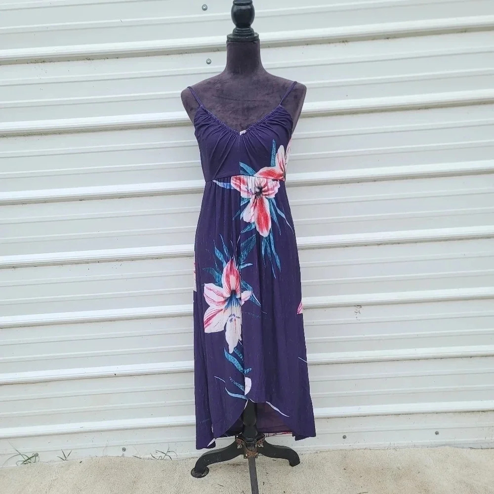 CATHERINE MALANDRINO Purple Floral Halter Dress Hi Low Tie Neck Stretch Lined S